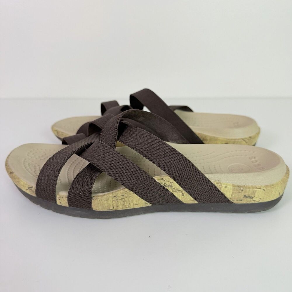 Crocs Edie Stretch Sandals Womens 9 Brown Criss Cross Strappy Comfort Slide - Picture 8 of 16